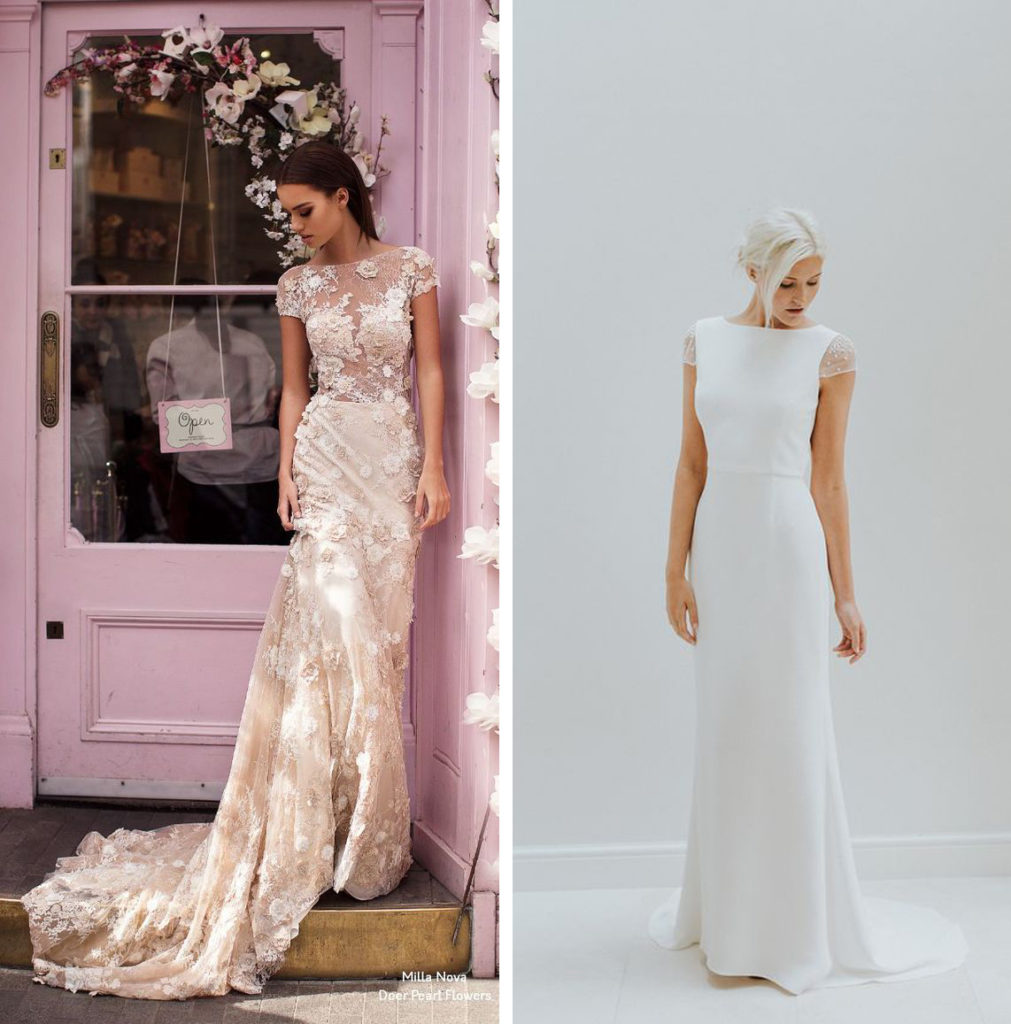 Zwei Stile finden sich in im Trend 2019 in den Brautkleidern wieder: Schlichte Eleganz und ausladende Rüschen, Federn und Spitze.